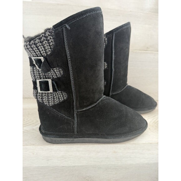 Bearpaw Boshie Black Suede Knit Sheepskin Wool Buckle Boots Youth Size 5 - Picture 4 of 8